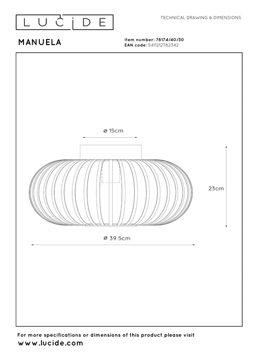 Lucide MANUELA - Plafonnier - Ø 39,5 cm - 1xE27 - Noir - technique